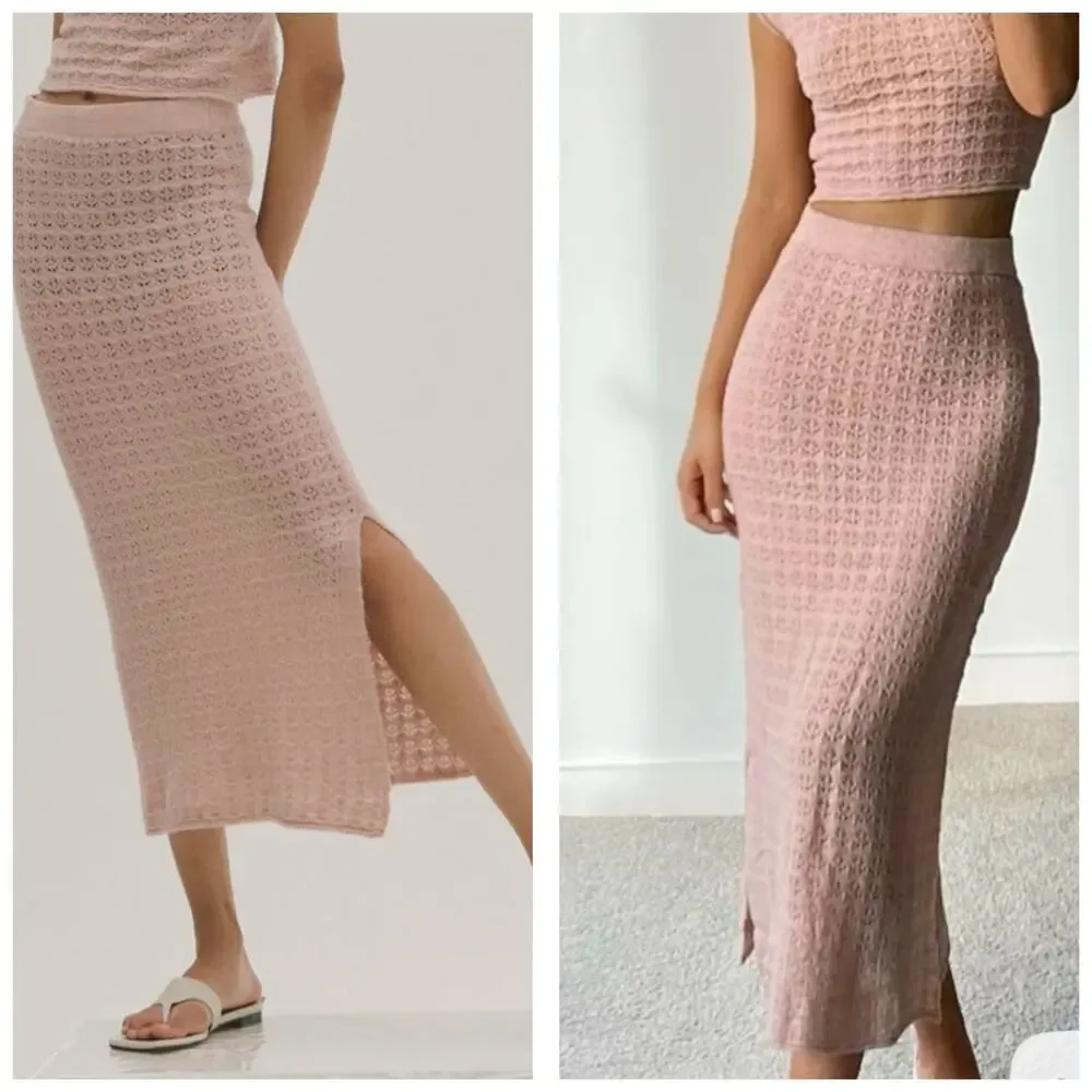 Zara Pointelle Knit Light Pink Midi Skirt Size Small Bodycon 5536/009 Girly